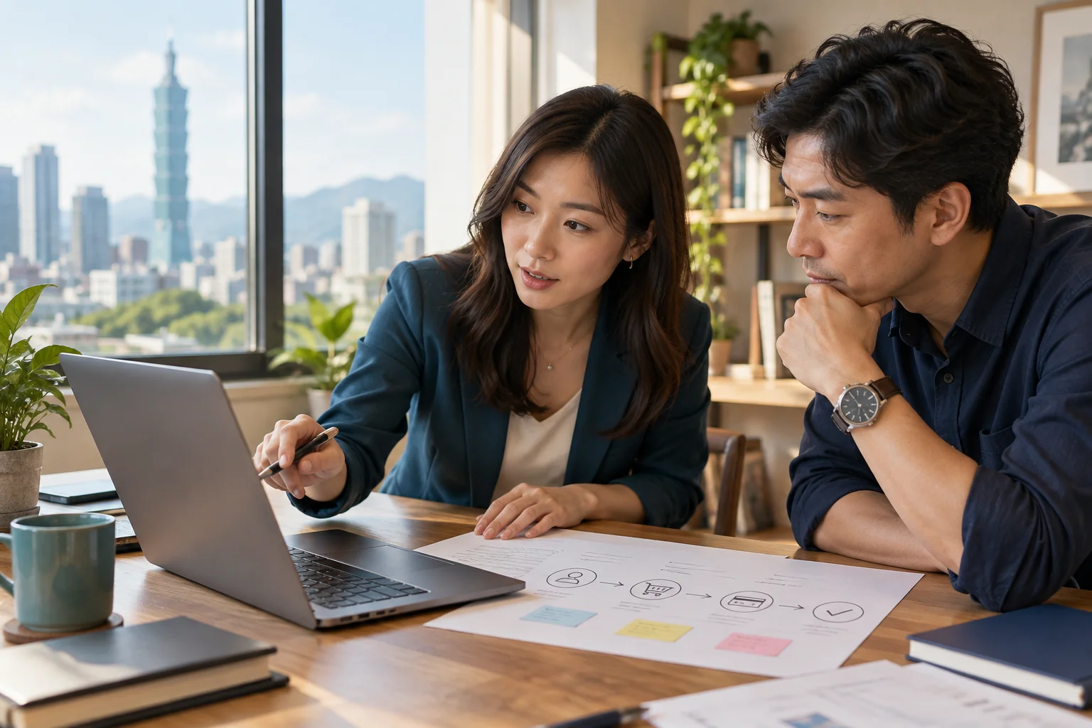 企業主與行銷顧問檢查網站與客戶詢問流程的AI情境示意